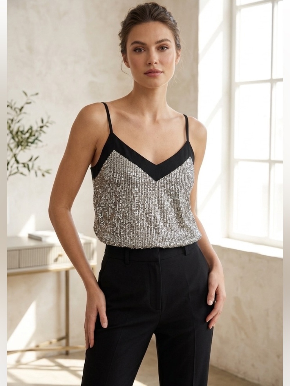 7 For All Mankind Silver Sequin Camisole with Black Trim